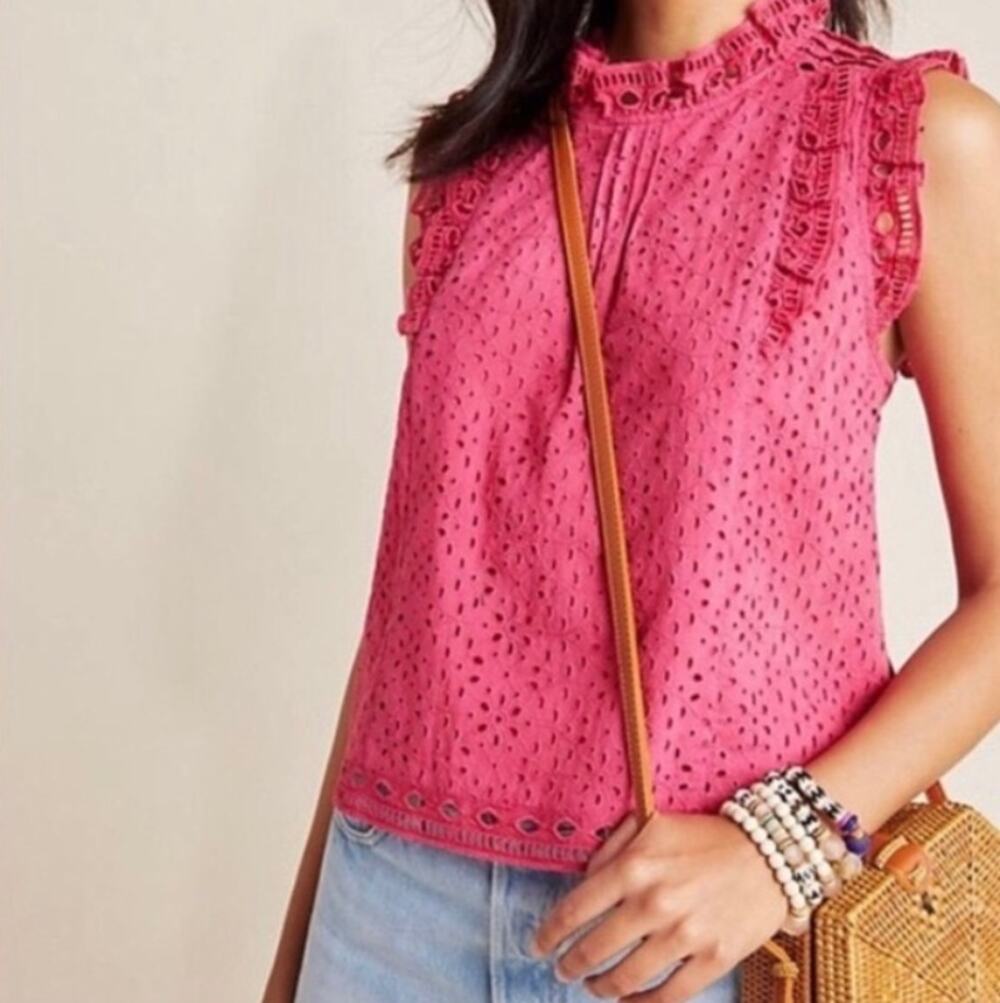 Maeve Anthropologie Pink Eyelet Sleeveless Blouse Cotton Women's size 10